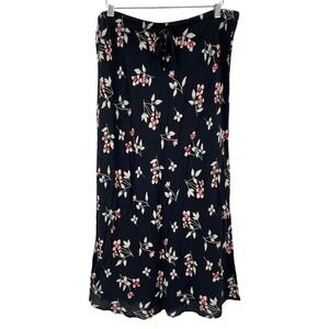Madewell Womens Size 12 Midi Skirt Black Botanical Floral Viscose Tie Waist Slit